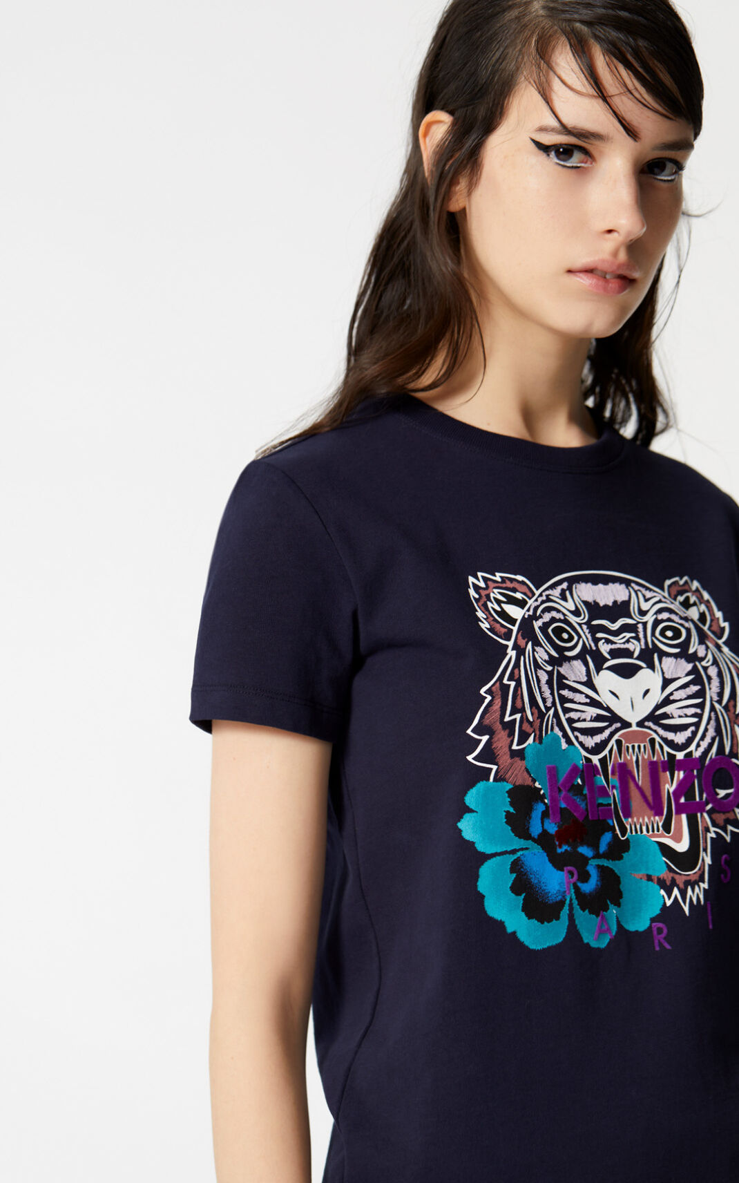 Camiseta Kenzo Indonesian Flower Tiger Feminino - Azuis Escuro | 069LTIUPX